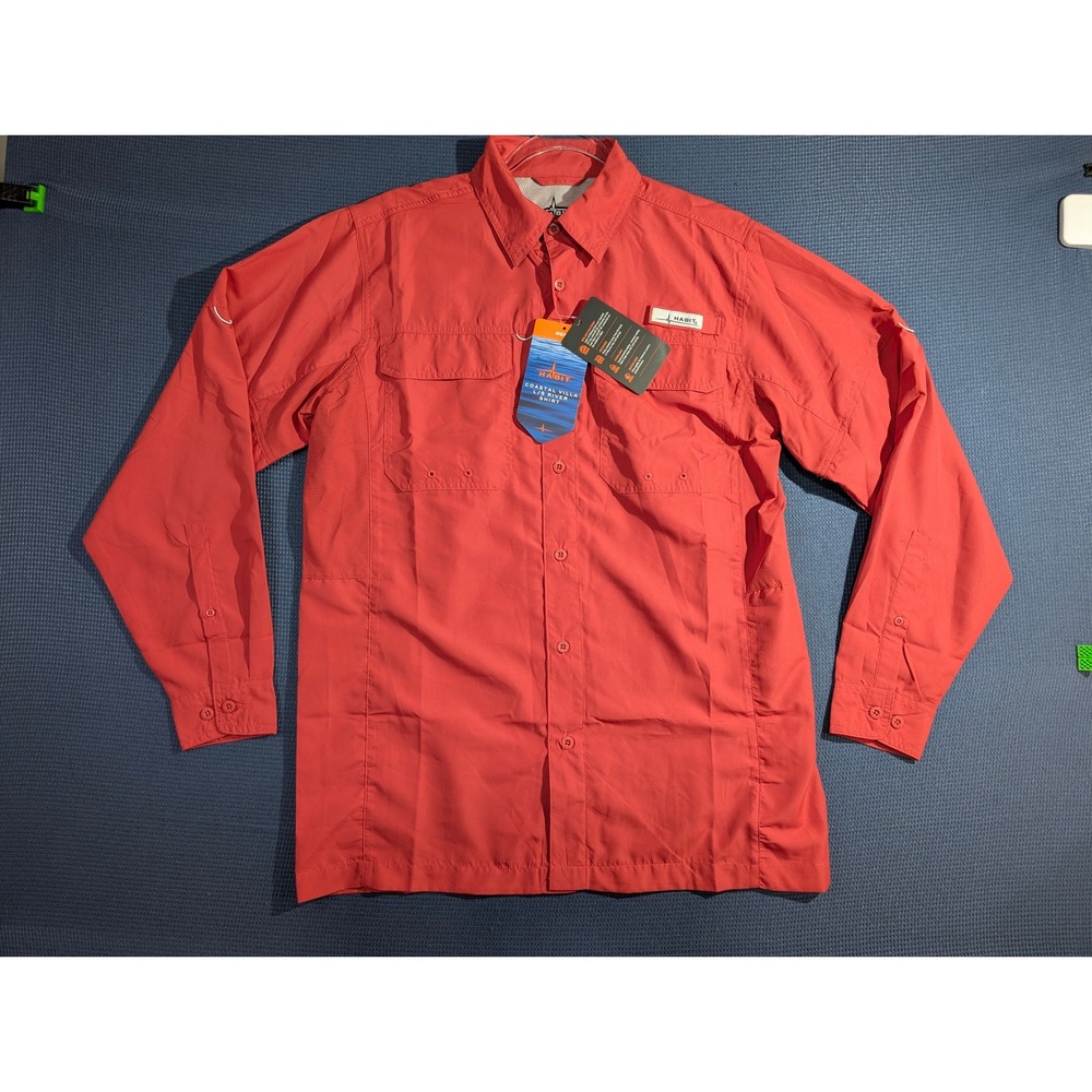 Habit Men Coastal Villa L/S River Shirt Cardinal Red UPF 50 Fishing Small NEW